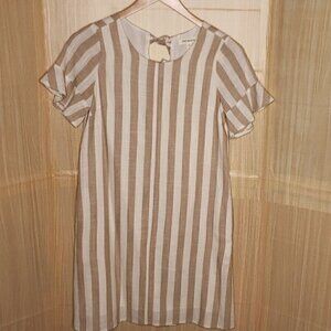 First Monday Womens Tan White Stripe Linen Blend Short Sleeve Dress Small